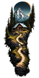 Mountain cabin and trail winding road leading its pack tattoo design idea