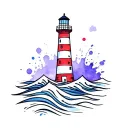lighthouse with red and white horizontal stripes, waves with watercolour splashes, purple & blue,  tattoo design idea