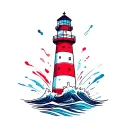 lighthouse with red and white horizontal stripes, waves with watercolour splashes, purple & blue,  tattoo design idea