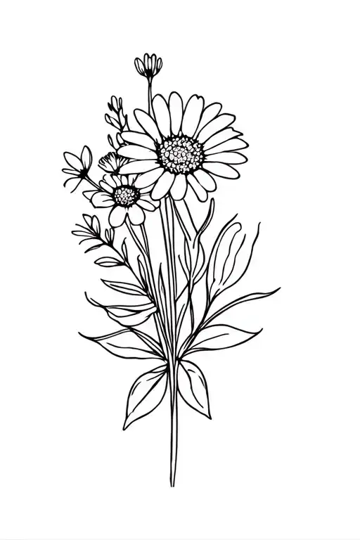fine line flower bouquet with a daisy, marigold, sagebrush, and lily tattoo design idea