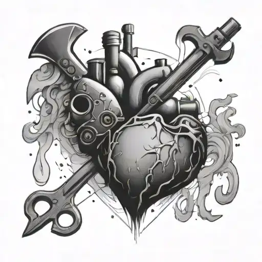 Heart-shaped nebula with carpentry tools hidden within tattoo design idea