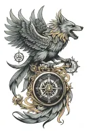 compass mechanism phoenix wolf wind rose tattoo design idea