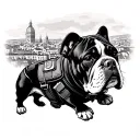 An elegant blackwork tattoo of a bulldog wearing a service dog vest, with the skyline of Florence, Italy in the background tattoo design idea