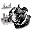 An elegant blackwork tattoo of a bulldog wearing a service dog vest, with the skyline of Florence, Italy in the background tattoo design idea
