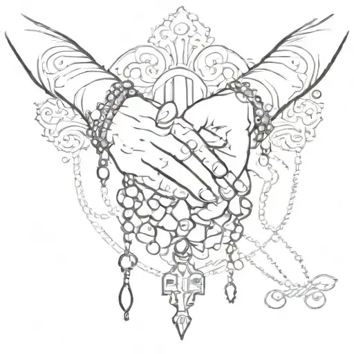 a hand in a prayer holding a rosary with an upside down cross tattoo design idea