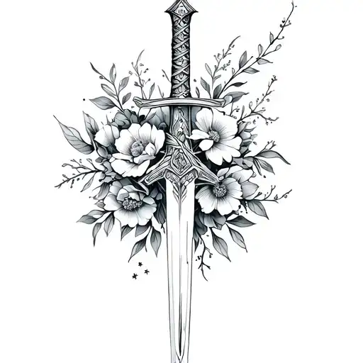celestial sword wrapped in flowers intertwined. Black and white tattoo design idea