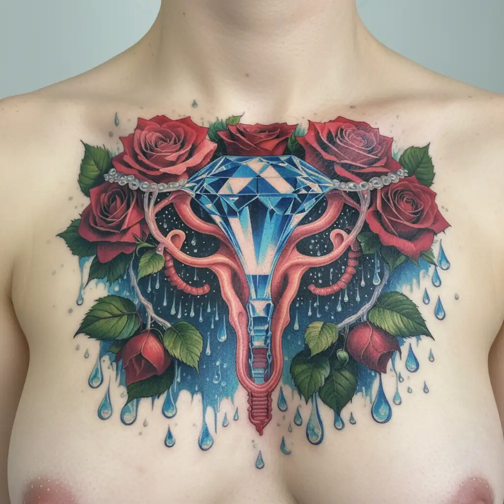 side-view blue diamond, red rose, rain drops, surrounded by ovaries fallopian tubes uterus, vagina, feminine, goddess tattoo design idea