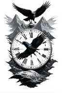 black out space background, mountains, crows, time piece tattoo design idea