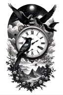 black out space background, mountains, crows, time piece tattoo design idea