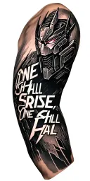 "One Shall Rise, One Shall Fall" Decepticon design on the upper arm, transitioning to cybertronian decepticon quotes on the forearm tattoo design idea
