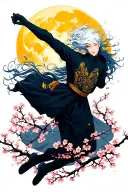 a white hair leaping with cherry blossoms around it and a yellow full moon behind its head tattoo design idea