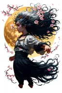 a white hair leaping with cherry blossoms around it and a yellow full moon behind its head tattoo design idea