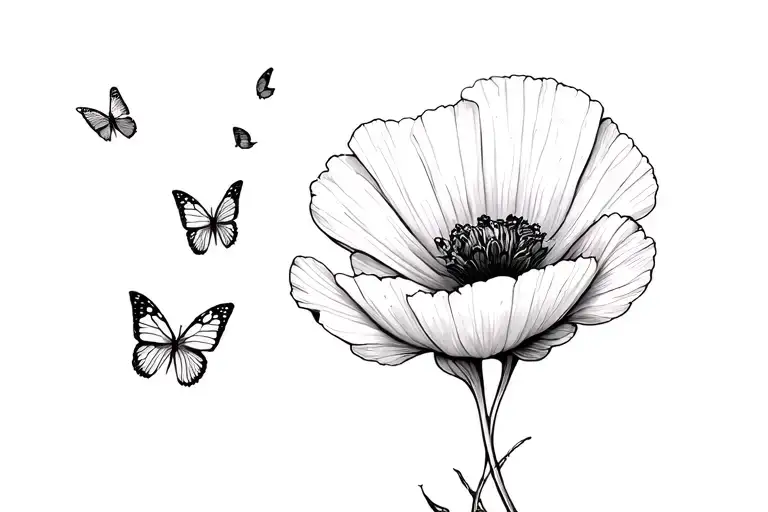 poppy flower with six semi colon butterflys flying tattoo design idea