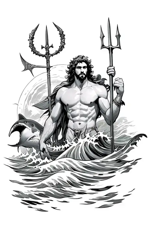 POSEIDON IN A WAVES WITH A TRIDENT AND A SHARK BEHIND HIM LIKE A GREEK GOD tattoo design idea