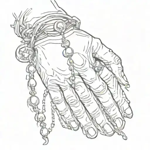a hand in a prayer holding  a dangling rosary tattoo design idea