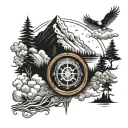 treeline chest with nordic compass  birds clouds and mountains  tattoo design idea