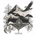 treeline chest with nordic compass  birds clouds and mountains  tattoo design idea