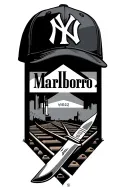 create a set that includes a New York Yankees baseball cap, Marlboro cigarettes, train tracks and butchers knife tattoo design idea