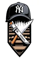 create a set that includes a New York Yankees baseball cap, Marlboro cigarettes, train tracks and butchers knife tattoo design idea