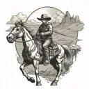Western skeleton cowboy riding his horse with his gun mountains in the background  tattoo design idea