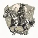 Western skeleton cowboy riding his horse with his gun mountains in the background  tattoo design idea