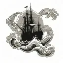Waves overwhelming a battleship on a stormy night tattoo design idea