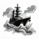 Waves overwhelming a battleship on a stormy night tattoo design idea