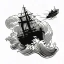 Waves overwhelming a battleship on a stormy night tattoo design idea