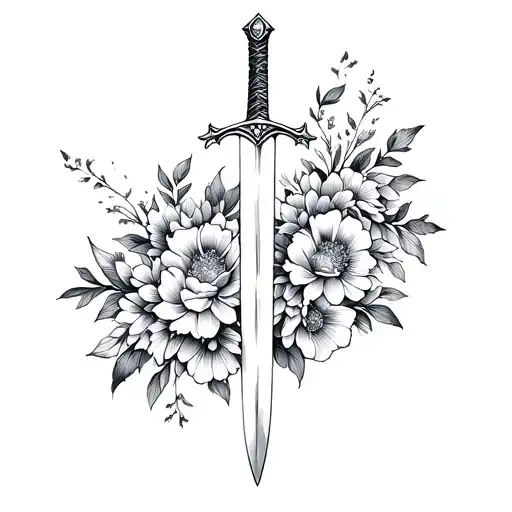 celestial sword wrapped in flowers intertwined. Black and white tattoo design idea