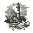 anchor, sea, lighthouse mountains silhouette tattoo design idea