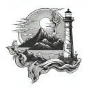 anchor, sea, lighthouse mountains silhouette tattoo design idea