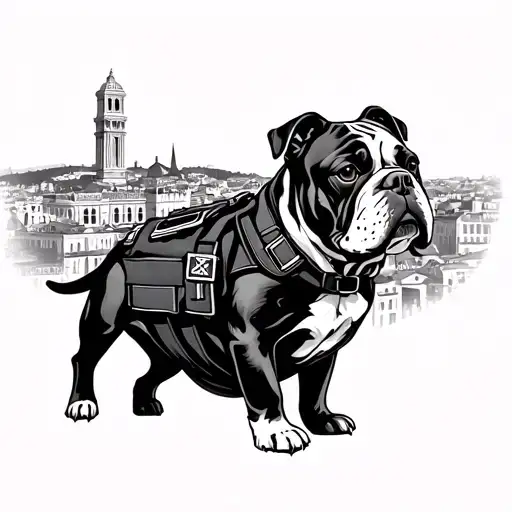 An elegant blackwork tattoo of a bulldog wearing a service dog vest, with the skyline of Florence, Italy in the background tattoo design idea