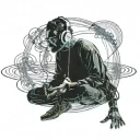 A traveler sitting cross-legged, floating in the infinite space of his mind, wearing a modern headset with dark metallic colors. His body is surrounded by a luminous aura in shades of electric. Pulsating waves of energy emanate from the headset, creating abstract and fluid shapes around him, like visual echoes of the music he is listening to. In the background, mental landscapes take shape: a sea of stars, suspended mountains, and glowing fragments of memories floating in the air. The atmosphere is futuristic, immersive, and introspective, evoking an inner journey through music and thoughts tattoo design idea