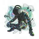 A traveler sitting cross-legged, floating in the infinite space of his mind, wearing a modern headset with dark metallic colors. His body is surrounded by a luminous aura in shades of electric. Pulsating waves of energy emanate from the headset, creating abstract and fluid shapes around him, like visual echoes of the music he is listening to. In the background, mental landscapes take shape: a sea of stars, suspended mountains, and glowing fragments of memories floating in the air. The atmosphere is futuristic, immersive, and introspective, evoking an inner journey through music and thoughts tattoo design idea