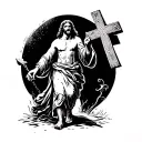 Jesus walking through Jerusalem with the cross on his back. replace the cross on his back with the our father prayer.  tattoo design idea