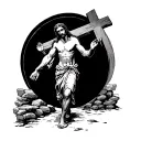 Jesus walking through Jerusalem with the cross on his back. replace the cross on his back with the our father prayer.  tattoo design idea