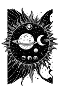 fine line flowy sun with long rays, including the ruling planets symbols: moon, venus, and saturn tattoo design idea