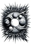 fine line flowy sun with long rays, including the ruling planets symbols: moon, venus, and saturn tattoo design idea