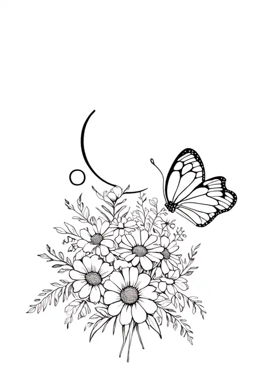 flower bouquet with a bunch of flowers and a butterfly with a semi colon as its body, tattoo design idea