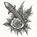 tribal dagger covered in thorns and roses tattoo design idea