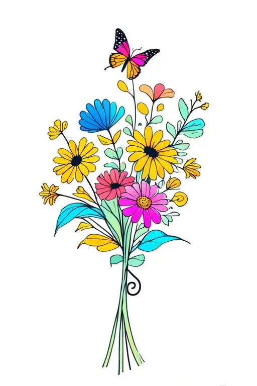 flower bouquet with a bunch of flowers and a butterfly with a semi colon as its body, colorful tattoo design idea