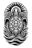 Maori Tattoo Design, with turtle (honu), sun, Polynesian waves symmetrical tattoo design idea