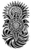 Maori Tattoo Design, with turtle (honu), sun, Polynesian waves symmetrical tattoo design idea