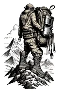 A dotwork tattoo of a hiking boot stepping onto a mountain peak, with cooking utensils hanging off the backpack tattoo design idea