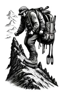A dotwork tattoo of a hiking boot stepping onto a mountain peak, with cooking utensils hanging off the backpack tattoo design idea