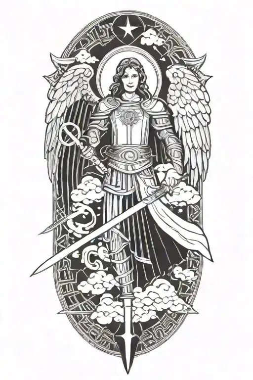 Archangel Michael wielding a sword in Enochian language script, surrounded by clouds in a blackwork style tattoo design idea