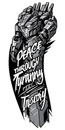 "Peace through tyranny" Decepticon design on the upper arm, transitioning to cybertronian decepticon quotes on the forearm tattoo design idea