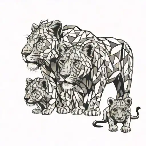 lioness mothers with her five lion cubs face only tattoo design idea