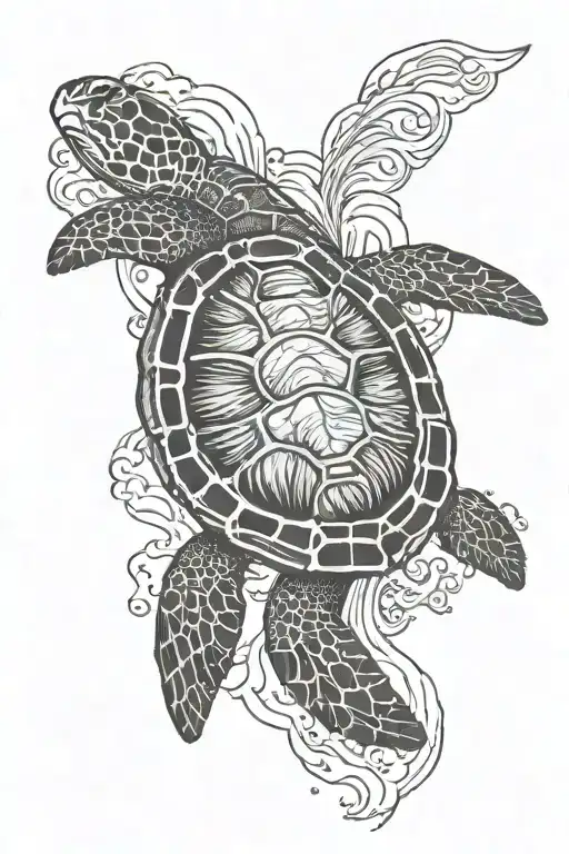 scuba dive, turtle, sea waves tattoo design idea