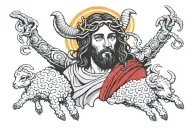 "Create a tattoo design inspired by Revelation chapter 5, depicting Jesus as a lamb with seven horns and seven eyes. tattoo design idea